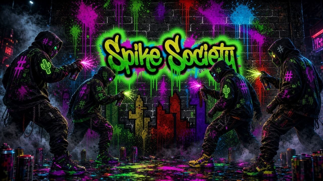 Hooded graffiti artists creating a Spike Society mural