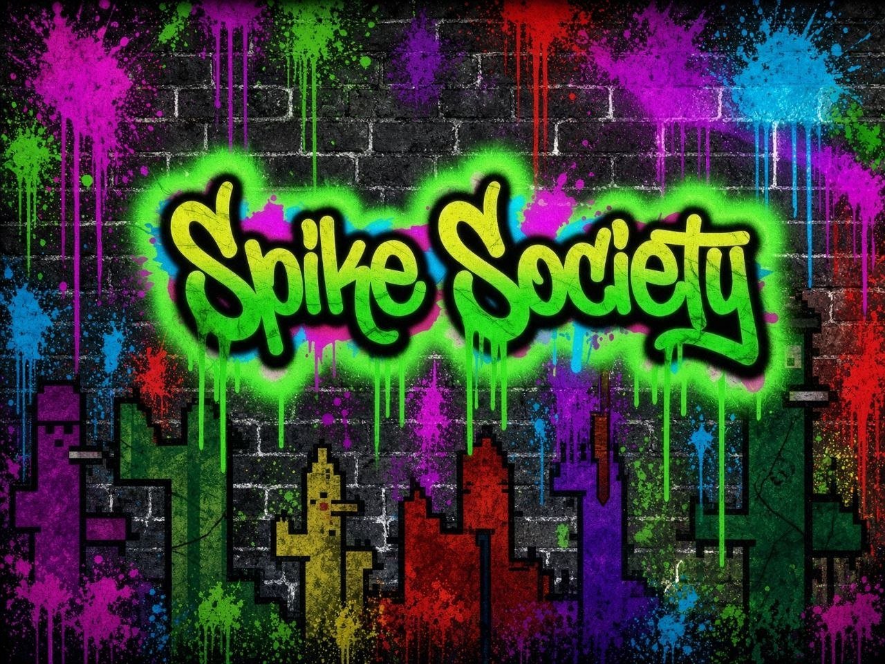 Spike Society graffiti wordmark on a pixel-inspired mural